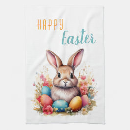 Schattigee Bunny Kleurrijke Eieren Bloemen Happy E Theedoek