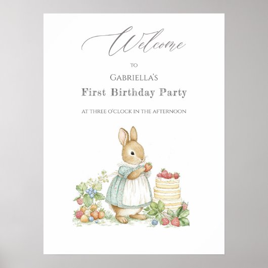 Schattigee Bunny met aardbeien Verjaardag Welkom Poster (Voorkant)