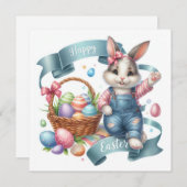 Schattigee Bunny Overalls Illustratie Pasen Feestdagenkaart (Voorkant / Achterkant)