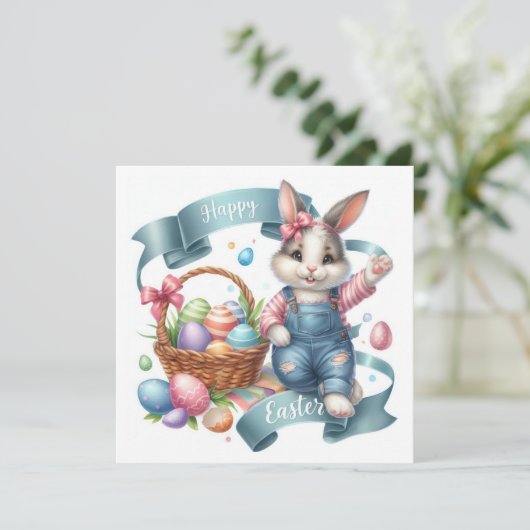 Schattigee Bunny Overalls Illustratie Pasen Feestdagenkaart (Staand voorkant)