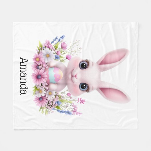Schattigee Bunny Pink Flowers met Paasei Fleece Deken (Voorkant (Horizontaal))
