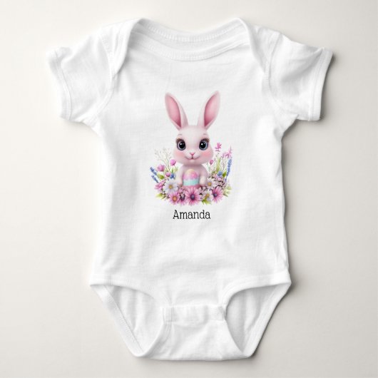 Schattigee Bunny Pink Flowers met Paasei Romper (Voorkant)