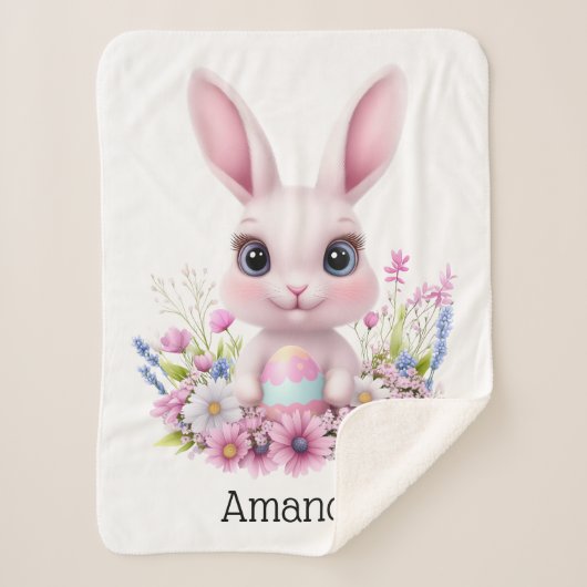 Schattigee Bunny Pink Flowers met Paasei Sherpa Deken (Voorkant)