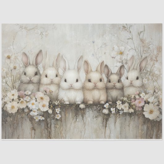 Schattigee Bunny Rabbits Wildflowers Decoupage Tissuepapier (Voorkant)