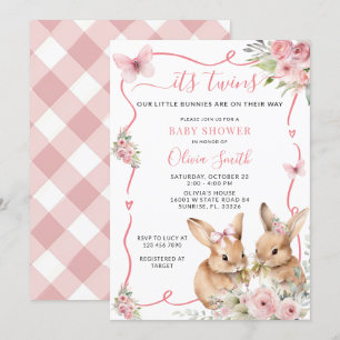 Schattigee Bunny Twins Baby shower Girl Uitnodigin Kaart