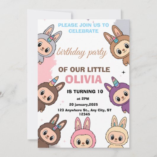 Schattigee Bunny Unicorn Verjaardagsuitnodiging Kaart (Voorkant)