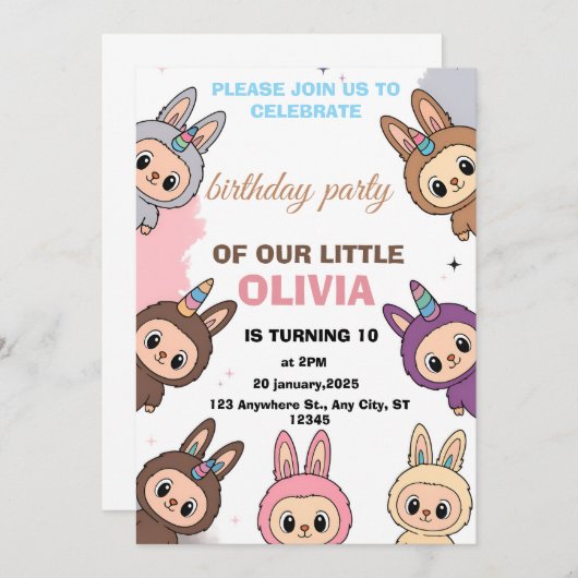 Schattigee Bunny Unicorn Verjaardagsuitnodiging Kaart (Voorkant / Achterkant)