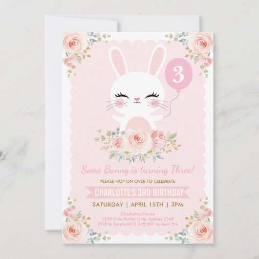 Schattigee Bunny Verjaardag Blush Pink Rose Rabbit Kaart (Voorkant)
