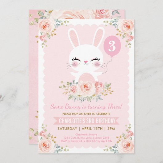 Schattigee Bunny Verjaardag Blush Pink Rose Rabbit Kaart (Voorkant / Achterkant)