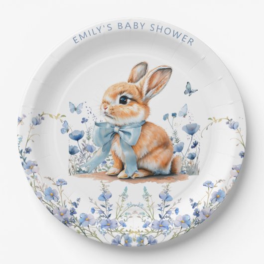 Schattigee Bunny Wildflowers Baby shower Boy Papieren Bordje (Voorkant)