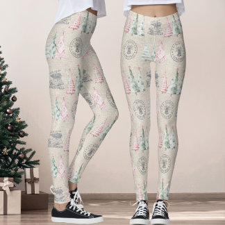 Schattigee  Burlap Stamp Christmas Tree Pattern Leggings