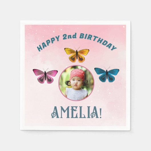 Schattigee Butterfly Girl Verjaardagsfeestje Foto Servet (Voorkant)
