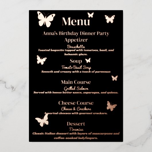 Schattigee Butterfly-thema verjaardagsdiner menu (Voorkant)