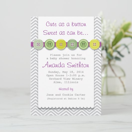 Schattigee Button Baby shower uitnodiging (Staand voorkant)