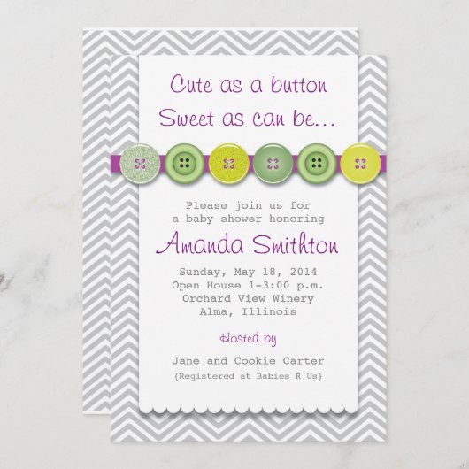 Schattigee Button Baby shower uitnodiging (Voorkant / Achterkant)