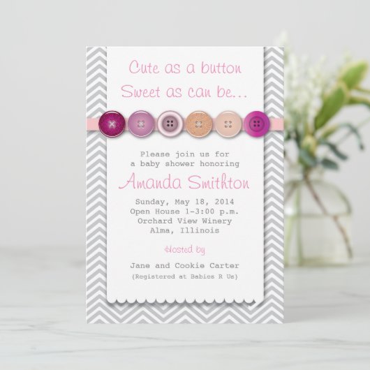 Schattigee Button Baby shower uitnodiging (Staand voorkant)