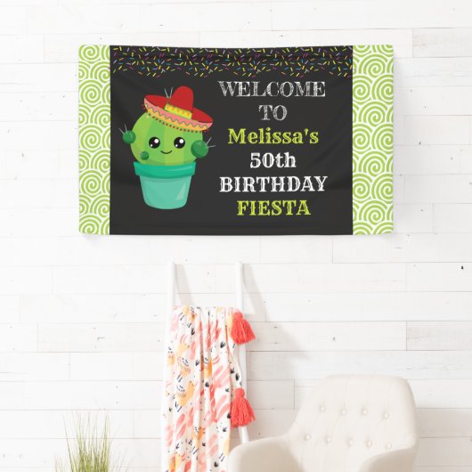 Schattigee Cactus in een Sombrero Birthday Fiesta Spandoek (Insitu)