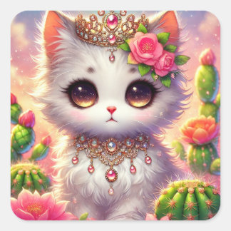 Schattigee Cactus Princess Cat Vierkante Sticker