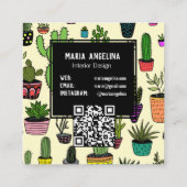 Schattigee Cactus vetplanten Boho Doodle QR Code C Vierkante Visitekaartje (Achterkant)