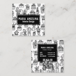 Schattigee Cactus vetplanten Boho Doodle QR Code C Vierkante Visitekaartje