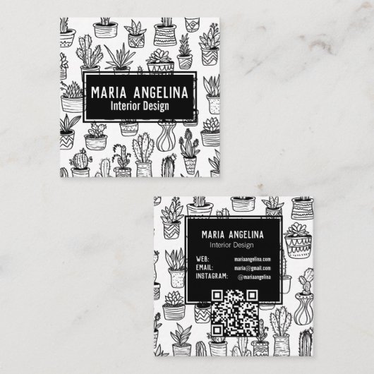 Schattigee Cactus vetplanten Boho Doodle QR Code C Vierkante Visitekaartje (Voorkant / Achterkant)