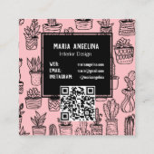 Schattigee Cactus & vetplanten Boho Doodle QR Code Vierkante Visitekaartje (Achterkant)