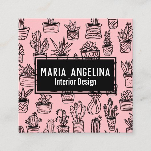 Schattigee Cactus & vetplanten Boho Doodle QR Code Vierkante Visitekaartje (Voorkant)