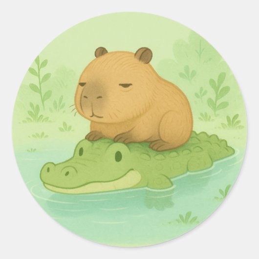Schattigee cadeau cartoon Capybara op Groene Kroko Ronde Sticker (Voorkant)