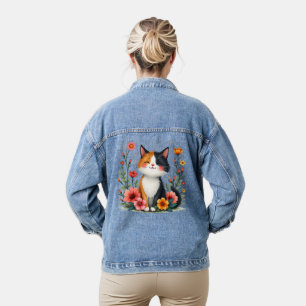 Schattigee Calico Cat met Floral Cottagecore Esthe Denim Jacket