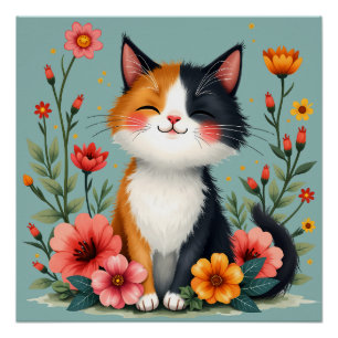 Schattigee Calico Cat met Floral Cottagecore Esthe Perfect Poster