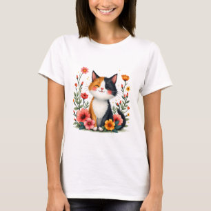 Schattigee Calico Cat met Floral Cottagecore Esthe T-shirt