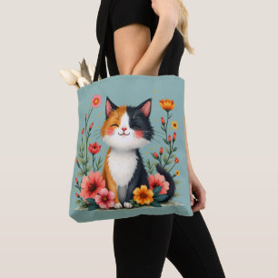 Schattigee Calico Cat met Floral Cottagecore Esthe Tote Bag