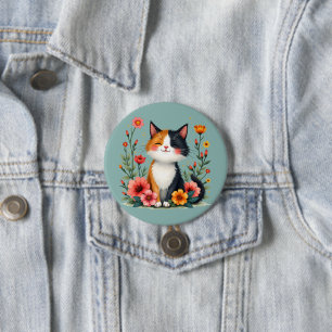 Schattigee Calico Cat met Floral Cottagecore Ronde Button 7,6 Cm