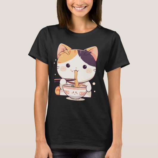 Schattigee Calico Cat Slurping Ramen T-shirt (Voorkant)