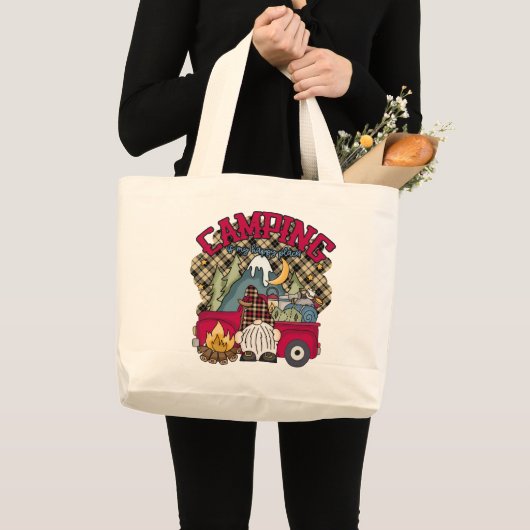 Schattigee camping Happy Place Gnome Grote Tote Bag (Voorkant (product))