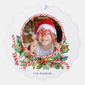 Schattigee Candy Cane & Kerst Bloemen Foto Ornament Kaart (Voorkant)