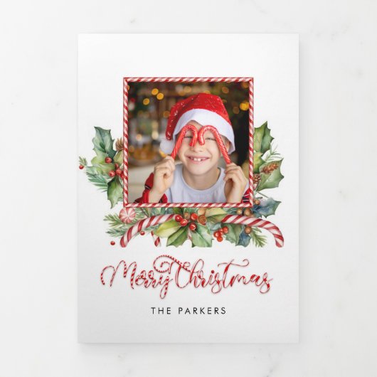 Schattigee Candy Cane Merry Christmas Bloemenfoto Drieluik Kaart (Cover)