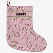 Schattigee Candy Cane Roze Glitter Personaliseer A Grote Kerstsok (Voorkant)