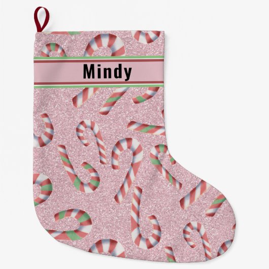 Schattigee Candy Cane Roze Glitter Personaliseer A Grote Kerstsok (Voorkant)