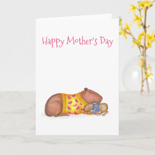 Schattigee capibara en baby Moederdag kaart (Gele Bloem)
