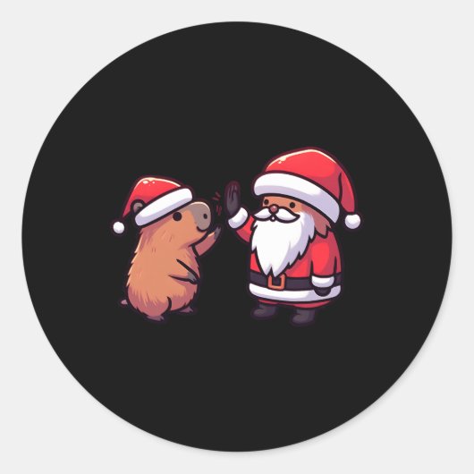Schattigee capibara en sinterklaas high five kerst ronde sticker (Voorkant)