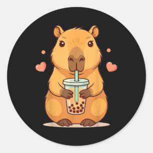 Schattigee Capybara Boba Tea Bubble Knaagdier Vrou Ronde Sticker