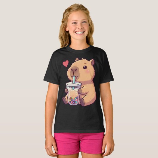 Schattigee Capybara Boba Tea Bubble voor Meisje T-shirt (Voorkant volledig)