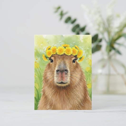 Schattigee Capybara Dandelion Krans Bloemen Briefk Briefkaart (Staand voorkant)