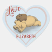 Schattigee Capybara en Puppy Blauwe Naam Hart Sticker (Voorkant)