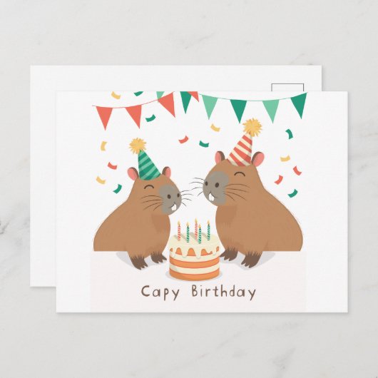 Schattigee capybara familie vieren verjaardag briefkaart (Voorkant / Achterkant)