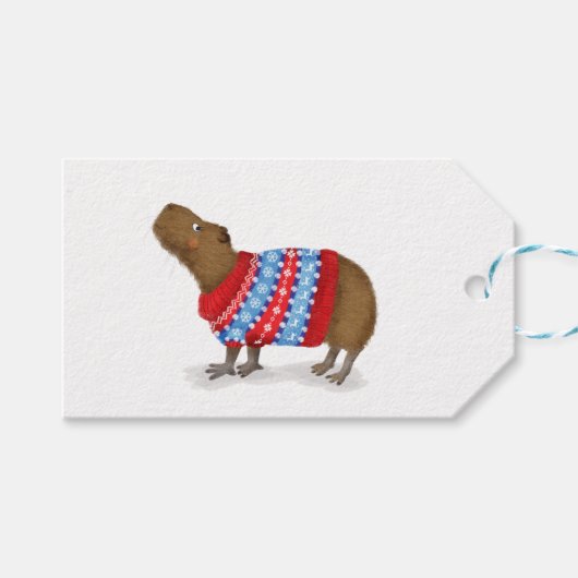 Schattigee capybara in een kersttrui cadeau label cadeaulabel (Voorkant (Horizontaal))