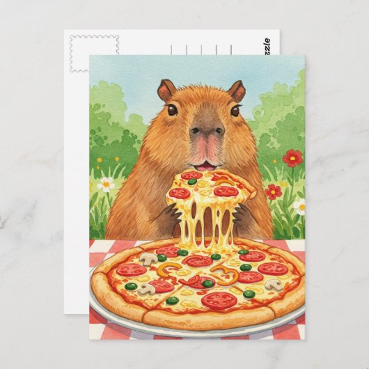 Schattigee Capybara met Pizza Briefkaart (Voorkant / Achterkant)