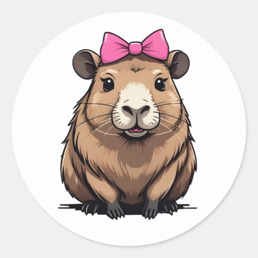 Schattigee Capybara met roze lint boog vrouwen mei Ronde Sticker (Voorkant)