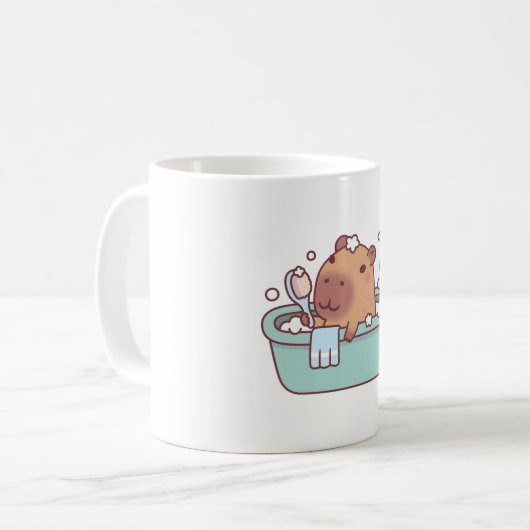 Schattigee capybara nemen een bad in bad koffiemok (Voorkant links)